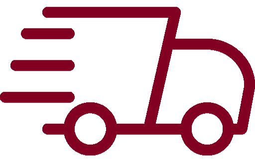 Maroon icon of a delivery truck with speed lines on a white background