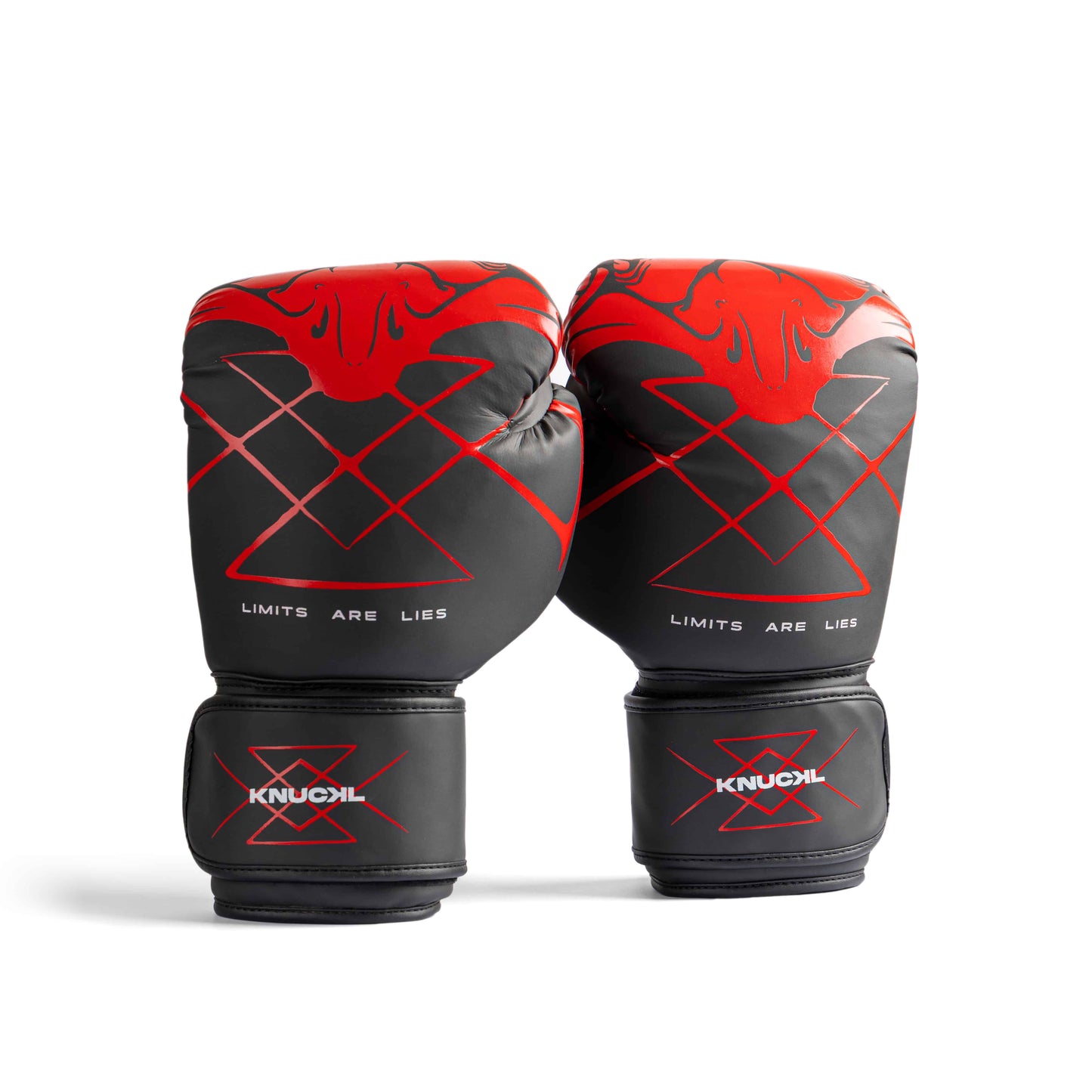 Knuckl INFERNO synthetic boxing gloves front view with red Oni print