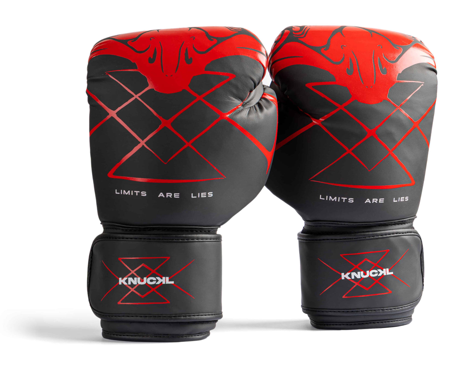 Knuckl INFERNO synthetic boxing gloves front view with red Oni print