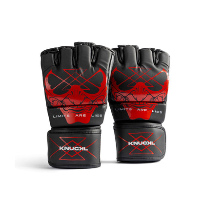Knuckl Oni MMA gloves front view with red mask and LIMITS ARE LIES