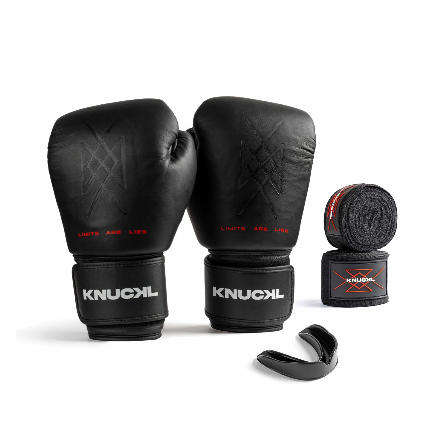 Knuckl Onyx Kit — Includes black boxing gloves, hand wraps, and mouth guard.