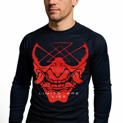 Knuckl long sleeve rash guard with red oni graphic and Limits Are Lies print