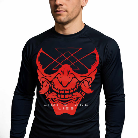 Knuckl long sleeve rash guard with red oni graphic and Limits Are Lies print