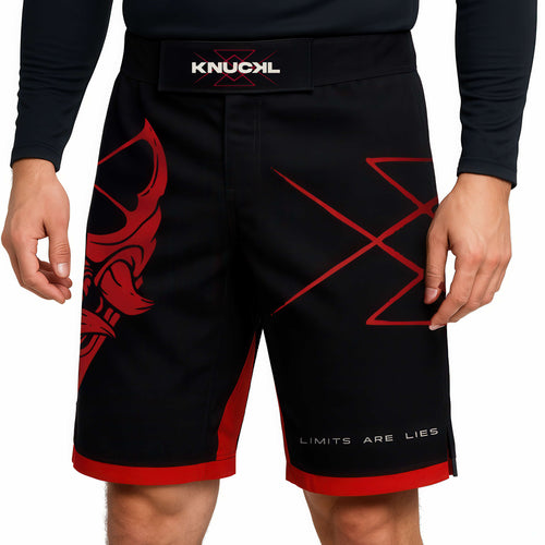 Front view of Knuckl Samurai Fight Shorts showing Oni design